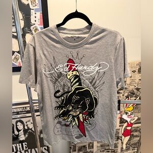 Ed Hardy Gray Men's Graphic T-Shirt with Black Panther and Red Accents